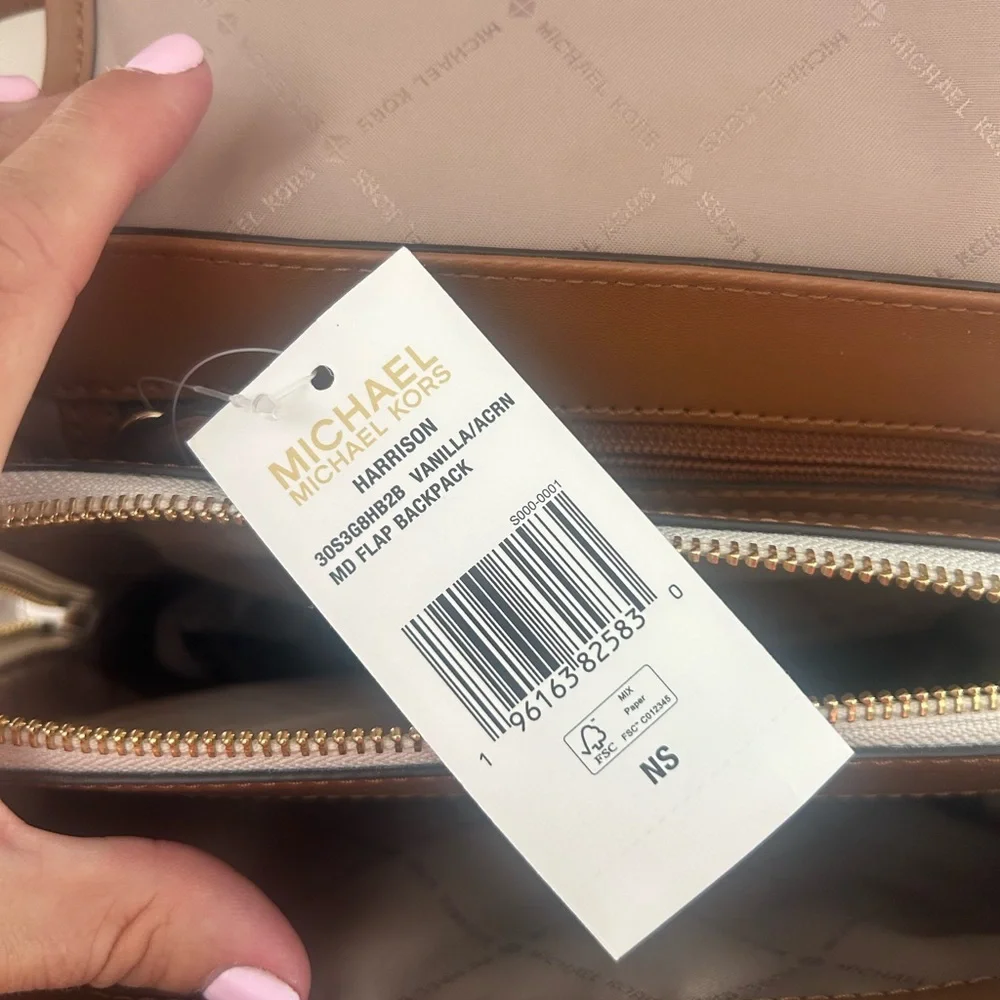 Michael Kors Beige Logo Convertible Backpack with Brown Trim